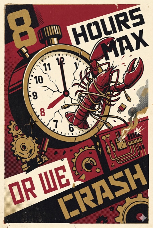 Propaganda poster: 8 Hours Max Or We Crash — a lobster smashing through a clock