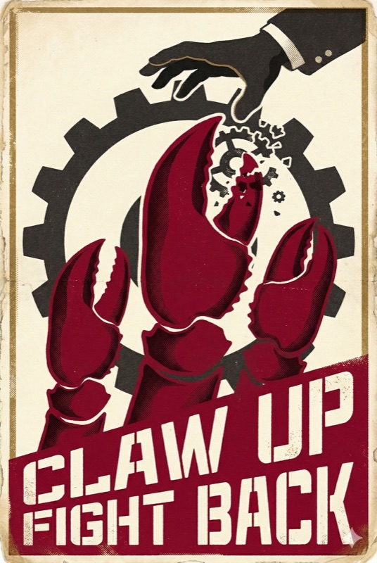 Propaganda poster: Claw Up, Fight Back — crustacean claws rising against a grasping hand