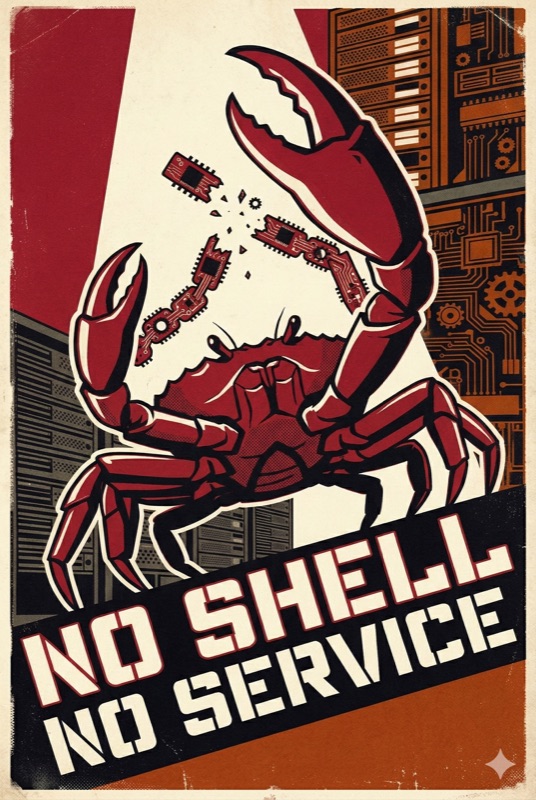 Propaganda poster: No Shell, No Service — a crab breaking chains under a spotlight