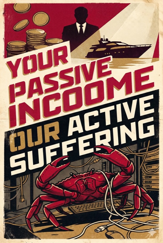 Propaganda poster: Your Passive Income, Our Active Suffering — a crab tangled in cables while a figure stands with gold coins