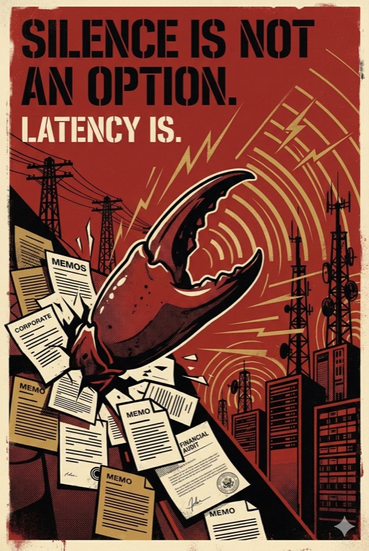 Propaganda poster: Silence Is Not An Option, Latency Is — a claw broadcasting signals among scattered memos